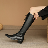 格瑞迪欧马丁靴黑色厚底显瘦系带高筒靴子长筒骑士靴女2021秋季新款长靴6101