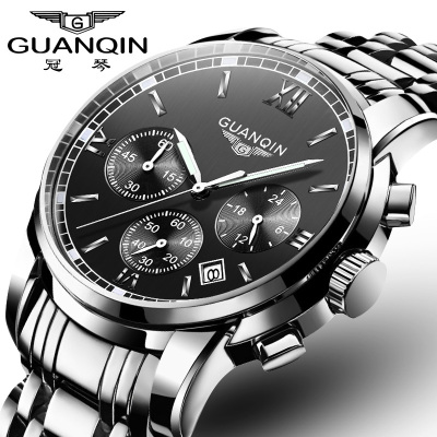 冠琴(GUANQIN)手表夜光防水石英表钢带表多功能时尚腕表