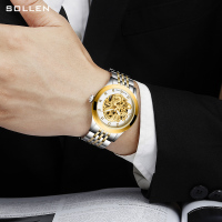 梭伦正品名表镂空全自动机械表时尚男士手表防水夜光男表金色龙表