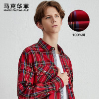 马克华菲长袖衬衫男春夏新款红色格子潮流韩版工装纯棉衬衣外套