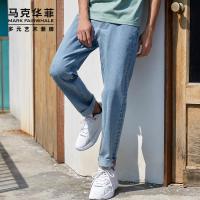 马克华菲男士2020新款韩版潮直筒修身小脚简约浅蓝牛仔裤