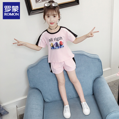 罗蒙女童短袖套装2019夏装新款儿童洋气女孩夏季时髦两件套韩版