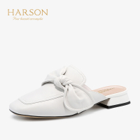HARSON/哈森 方头软面皮蝴蝶结女鞋低跟穆勒凉鞋拖鞋HM98405