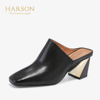 HARSON/哈森 方头软面皮纯色女鞋中粗跟穆勒凉鞋HM98407