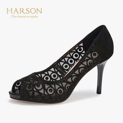 HARSON/哈森 露趾反绒皮水钻女鞋高跟鱼嘴鞋HM98410