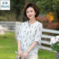 蓝旗(BLUEG)夏季新款时尚妈妈装圆领短袖短款清新印花宽松显瘦上衣