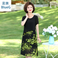 蓝旗(BLUEG)女士妈妈夏装气质裙子2020新款时尚雪纺连衣裙