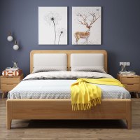一米色彩 床 实木床 北欧双人床 现代简约白皮软靠1.8米原木1.5M宜家日式主卧床 卧室家具