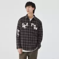 策霸男装潮牌男士翻领衬衣外套2021春季韩版文字印花格纹长袖衬衫