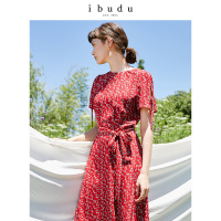 伊布都ibudu2020夏季新款圆领腰带复古印花法式连衣裙