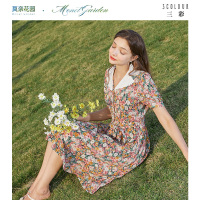 三彩2020夏季新款花园派对浪漫油画碎花灯笼袖法式印花连衣裙