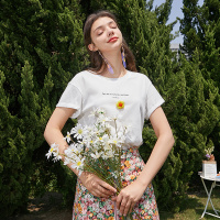 三彩2020夏季新款圆领花朵字母印花直筒套头T恤衫上衣