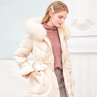 三彩冬季新款狐狸毛领加厚长款羽绒服白鸭绒保暖外套