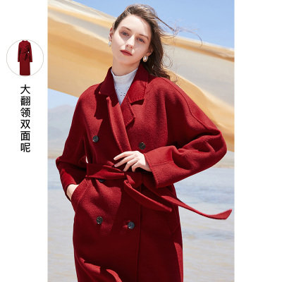 三彩2020冬季新款翻领双排扣长款全羊毛双面呢大衣宽松外套女