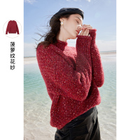 三彩2020冬季新款菠萝纹花纱套头针织衫氛围感红色毛衣女