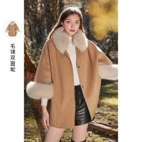 三彩2020冬季新款狐狸毛领装饰双面呢斗篷式羊毛呢大衣呢子外套女