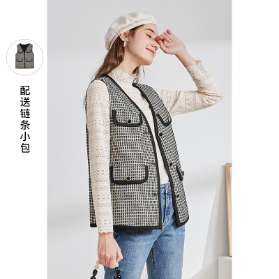 三彩2021春季新款V领设计感工装风背心直筒格子夹克女潮配背包
