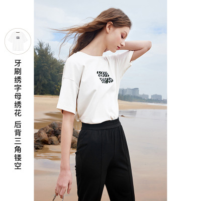三彩2021夏季新款设计感小众字母绣花T恤女纯棉短袖白色打底宽松