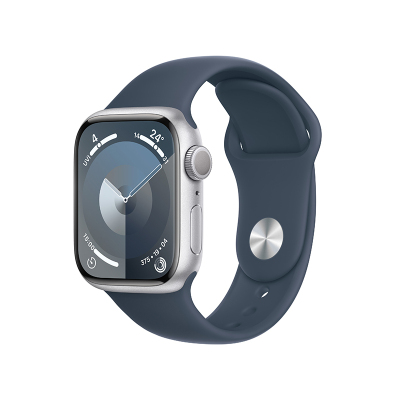 Apple Watch S9 GPS+蜂窝 45 毫米银色铝金属表壳 风暴蓝色运动型表带 - M/L MRP93CH/A