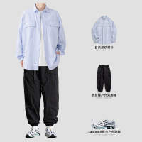 休闲轻薄套装男春季复古条纹衬衫拼接设计工装长裤