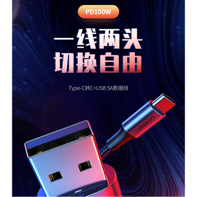 绿联(Ugreen)US314深空灰镀锡铜线芯TPE+编织外披Type-C转Type-C公+USB-A公数据线