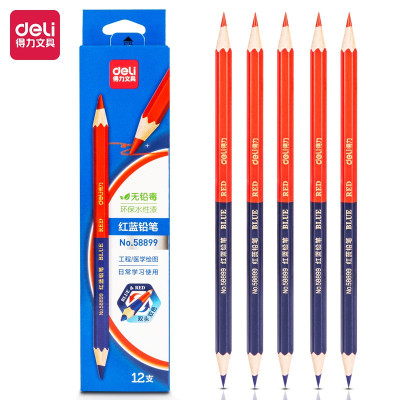 得力(deli) 红蓝铅笔 双头设计绘图木工标记彩色铅笔 12支/盒 5盒装 58899