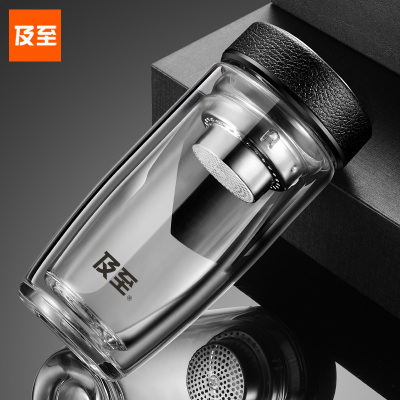 及至 JZ7048 隔热双层玻璃杯鹅蛋形黑色皮纹盖500ml