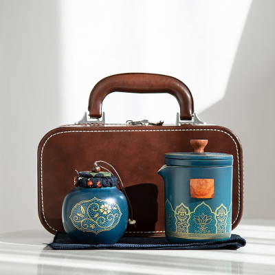 品美沏一杯茶快客杯便携旅行茶具一壶三杯带茶叶罐皮包装