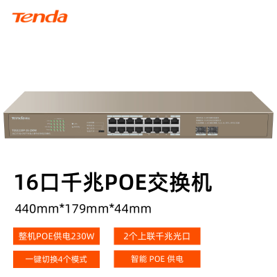 腾达(Tenda) TEG1118P-16-250W 16口千兆POE交换机分线器分流器16GE(PoE)+2GE