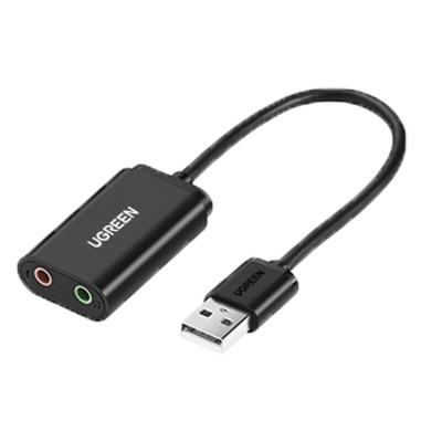 绿联(UGREEN)US205 USB外置独立声卡免驱 连接3.5mm音频耳机麦克风音响转换器头黑色30724