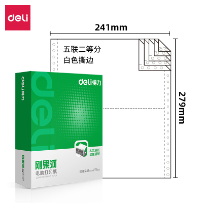 得力(deli)刚果河打印纸 五联二等分针式可撕边电脑打印纸 白色1000页/盒GH241-5-1/2S