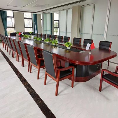大会议桌椅贴木皮培训桌椅组合办公会议桌5米含18把实木椅