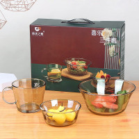 企业专享 欧式玻璃碗套装茶色吃饭碗大号水果碗欧式咖啡杯碗三件套活动礼品