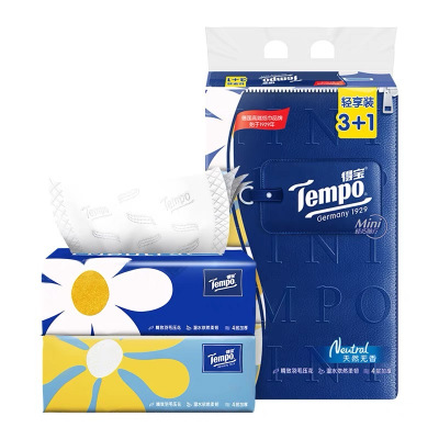 得宝(TEMPO)抽纸 Mini系列4层加厚80抽*4包湿水不易破 纸巾餐巾纸 卫生纸单提