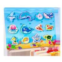 木质三合一磁吸海洋钓鱼玩具益智力动脑儿童颜色认知配对卡通海洋磁吸小鱼玩具