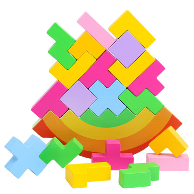 木制彩虹摇摆平衡叠叠高儿童早教益智玩具俄罗斯方块积木几何拼图叠叠乐玩具