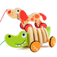 木制卡通小狗鳄鱼拖拉车玩具儿童宝宝手拉绳学步牵引手拉车趣味动物小拖车拉引车