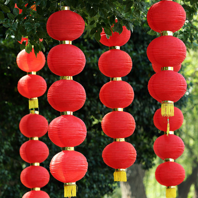 冬瓜灯笼串户外防水广告绸布折叠连串灯笼开业大红长灯笼装饰挂饰-16寸绸布灯笼4连串