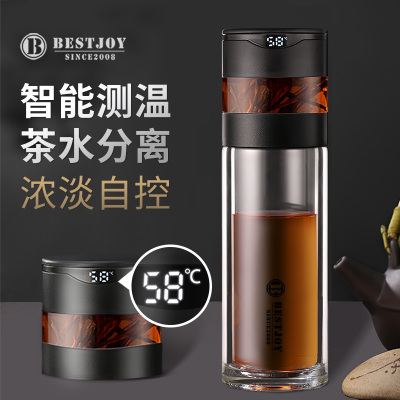 富光拾喜泡茶师系列BESTJOY-BK009 玻璃杯双层玻璃水杯智能显温茶水分离杯便携家用泡茶杯男带滤网杯子