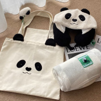 家居熊猫嘭嘭旅行小憩套装毯子帆布袋挂件带帽颈枕四件套