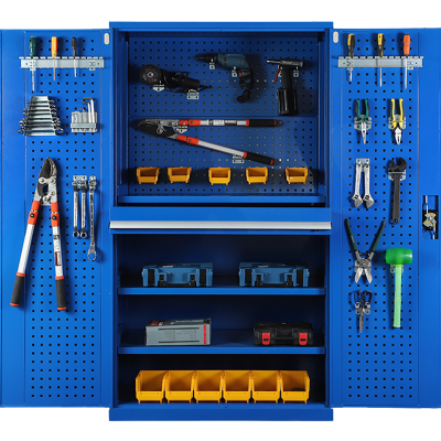 古睿德重型工具柜零件铁皮柜车间双开门刀具置物柜多功能五金储物柜 蓝色 四层+挂板