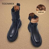 天美意(Teenmix)靴子女素人女鞋复古简约切尔西靴女皮中靴1QEX3DZ1加绒