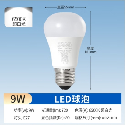 欧普照明(OPPLE)LED球泡E27螺口灯泡[9w-超白光6500K]1只装 商用大功率光源