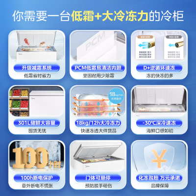 美的(Midea)301升 商用家用卧式大冷冻囤货冰柜 大容量冷藏冷冻转换冷柜 卧式冰箱 BD/BC-301KM(E)