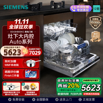 西门子(SIEMENS)灶下大内腔12套洗碗环流烘干96H长效储存SE43HB00KC 黑色面板