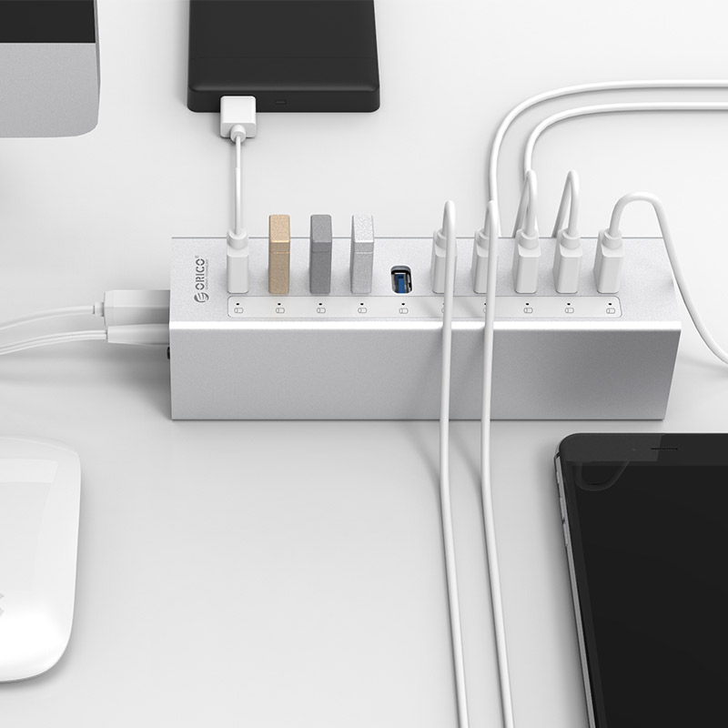 Orico/奥睿科 A3H4-BK 铝USB3.0分线器MAC接口扩展器usb集线器hub带电源外接硬盘 7口黑色