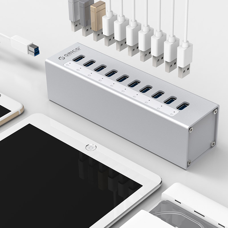 Orico/奥睿科 A3H4-BK 铝USB3.0分线器MAC接口扩展器usb集线器hub带电源外接硬盘 7口黑色