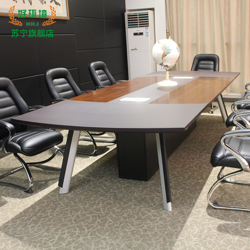 简约会议台 3.6米油漆会议桌 带多功能线盒盖会议台 实木皮长条桌 皮面开会办公台