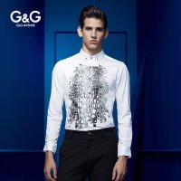 G&G 2015秋季新款白色印花长袖衬衫男 男士休闲纯棉衬衣修身潮