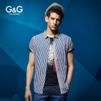 G＆G 2015春夏上新 短袖衬衫 男装时尚休闲拼接条纹男士短衬衣
